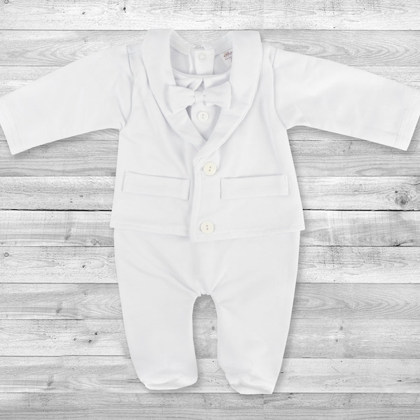 Baby boy white all-in-one suit wedding romper christening baptism formal party smart one piece outfit bodysuit