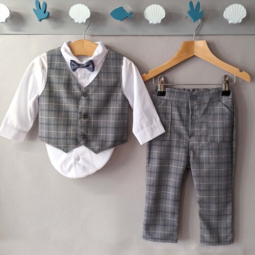 Baby Boys Grey Checker Outfit Smart Set Formal Suit Wedding Etsy