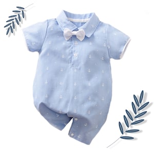 Bebé niño ancla azul con pajarita blanca mameluco traje boda fiesta formal bautismo traje inteligente pantalones cortos conjunto de verano