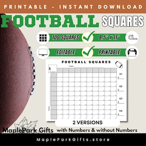 Football Squares Printable | Editable Squares Numbered | Template 100 Grid | Football Square Fundraiser | Betting Game| 8.5x11 | FSQ1