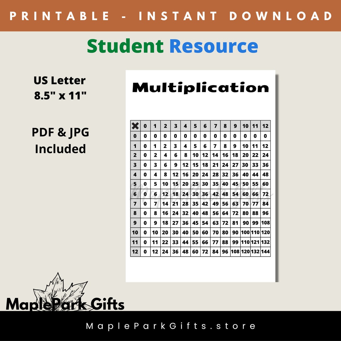 Printable multiplication chart times table multiply homeschool student