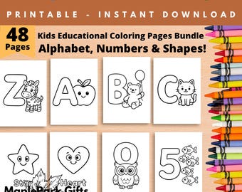 May include: A bundle of 48 printable kids' educational coloring pages featuring the alphabet, numbers, and shapes. The pages display outlined illustrations of letters, numbers, and corresponding images like a zebra, apple, bear, cat, star, heart, owl, and fish. Crayons are visible on the right.