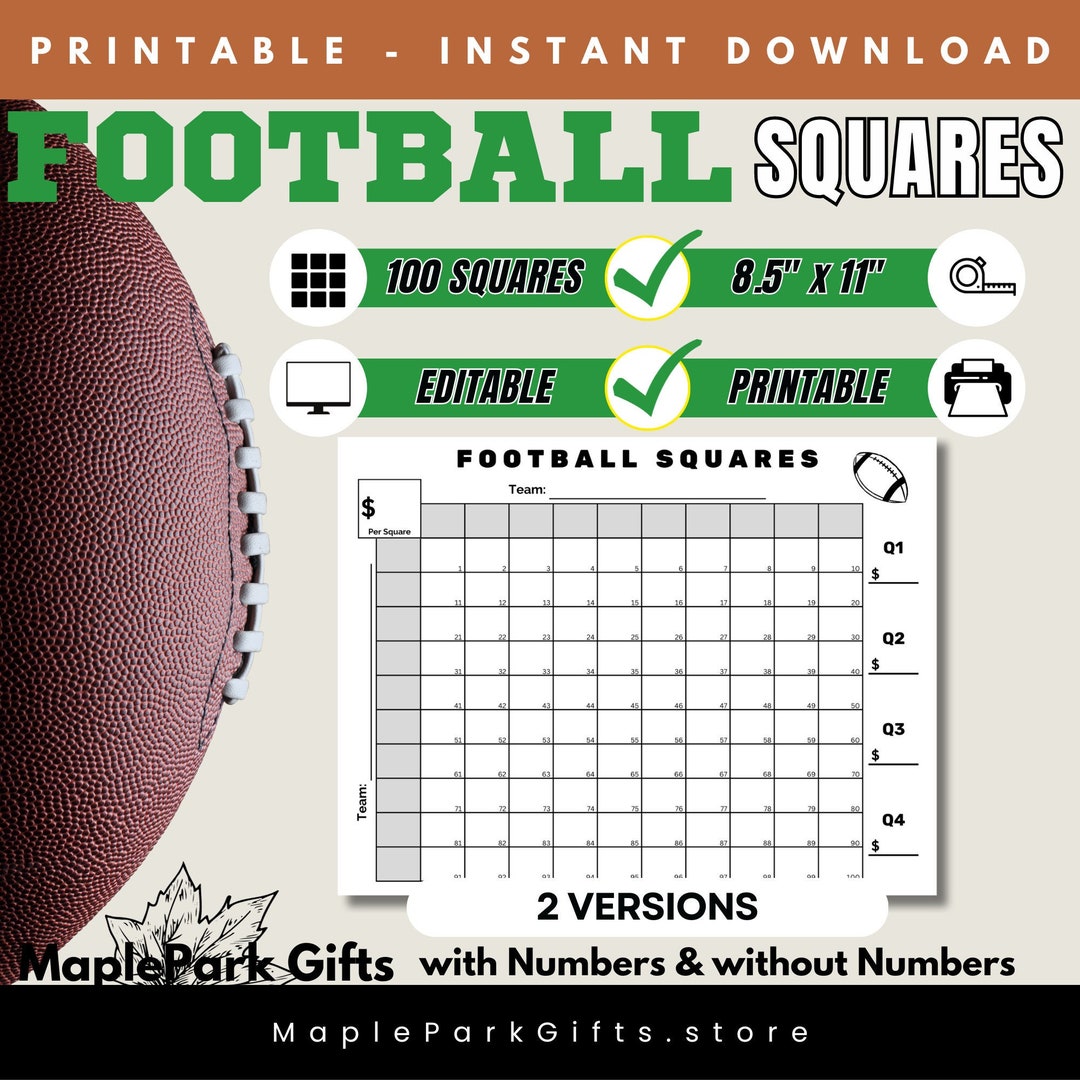 Football Squares Printable Editable Squares Numbered Template 100 Grid