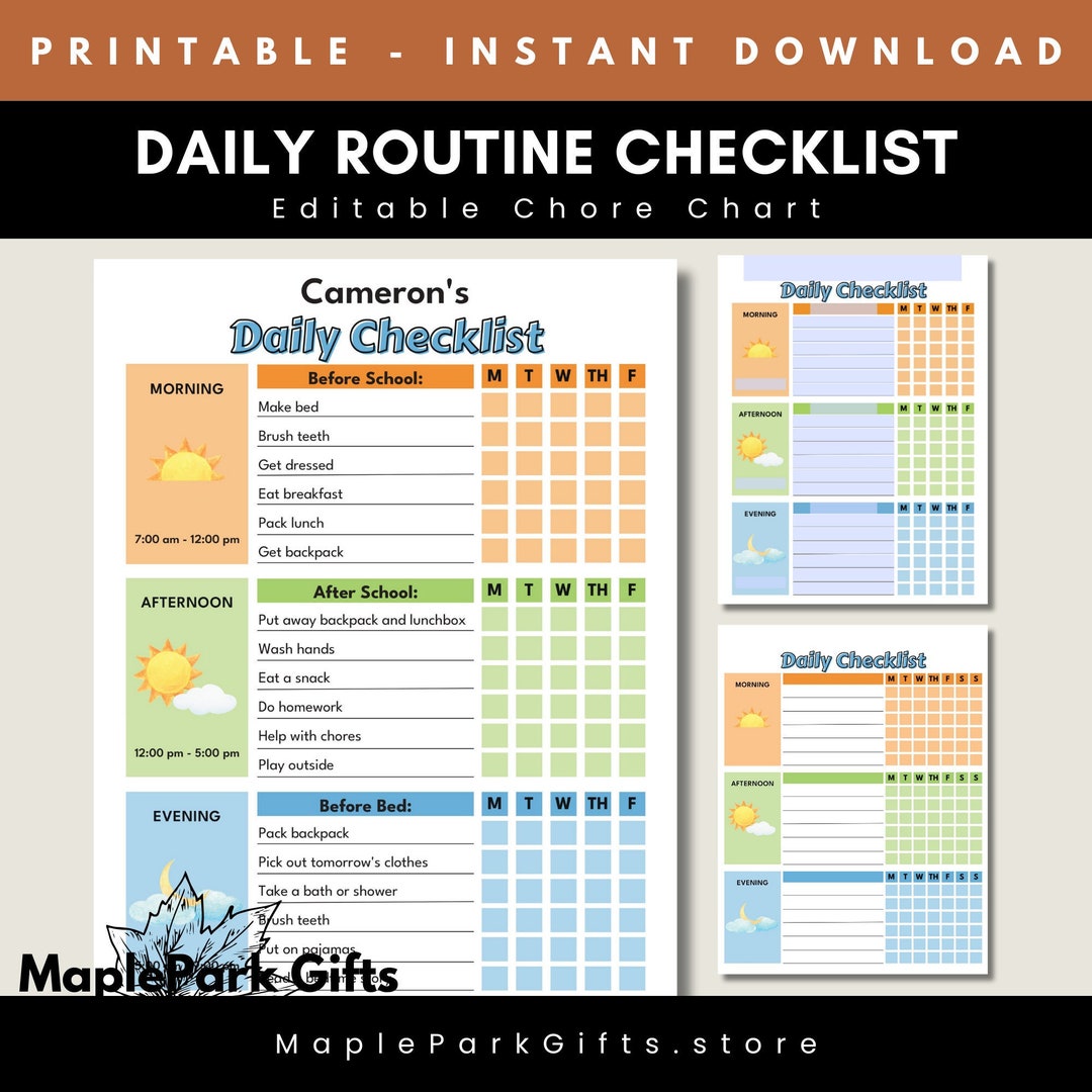 Chores Checklist Printable Daily Routine Chart for Kids Editable ...