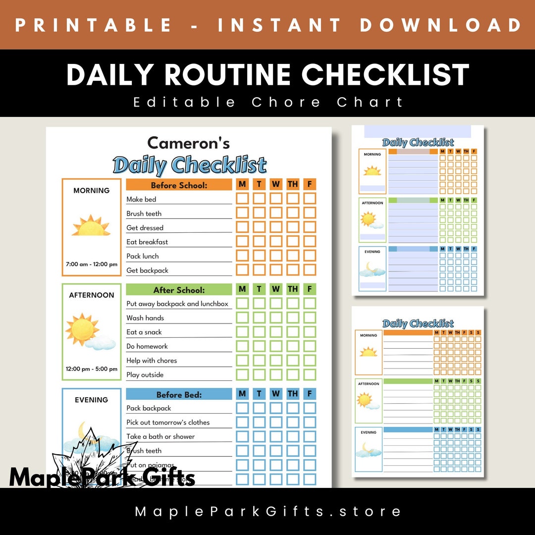 Chores Checklist Printable Daily Routine Chart for Kids | Editable ...