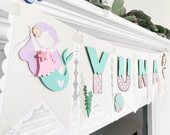 Mermaid Name Banner, Under The Sea Party, Mermaid High Chair Banner, Mermaid Party Decoration, Little Mermaid Birthday, First Birthday