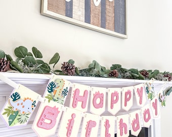 Faixa de feliz aniversário de dinossauro, decorações para festa de dinossauro, guirlanda de dinossauro, tema de dinossauro, festa jurássica, festa de primeiro aniversário de dinossauro