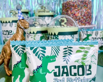 May include: A set of two green and white dinosaur-themed party favor bags with blue trim. The bags have a green dinosaur with purple spots and the text "JACOB 3rd Birthday".