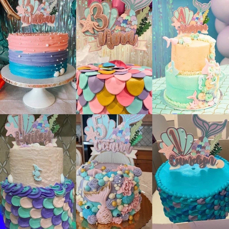 May include: A collection of mermaid-themed birthday cakes. The cakes feature various designs, including ombre frosting, scale patterns, and decorative toppers with names and ages. Colors include pink, blue, purple, and teal.