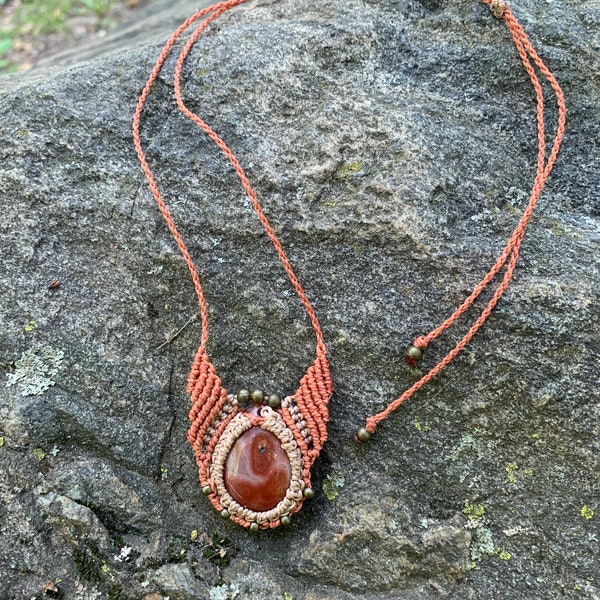 collier macramé/pierre gemme Agate et jaspe/collier pendentif