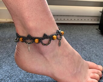 Handmade Macrame Anklet-Adjustable Anklet Bracelet with Wooden Beads and Charms-Summer Boho gift