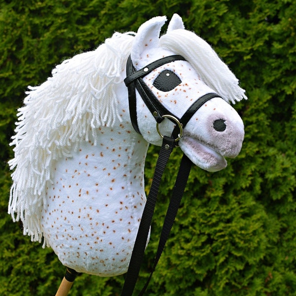 Hobby Horse Flea Bitten - 100% Handcrafted Hobby Horse with Stick and Black Leather Bridle (A3 size)