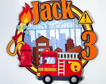 Custom Firetruck Cake Topper, Firefighter Party, Firetruck Birthday Decoration, Firetruck Centerpiece