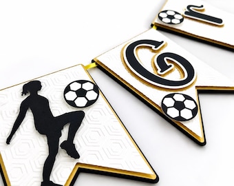 Soccer Birthday Banner, Personalized Soccer Name Banner, Soccer Party Decoration, Soccer Birthday Decor, Custom Soccer Banner,  Black Gold