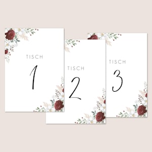 Tischnummern Hochzeit | Burgundy Roses | Platznummern | Tischpapeterie | Hochzeit Tischkarte | Tischnummer | Nummern Sitzplan | weinrot | A6