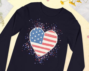 Stars Stripes USA Patriotic Long Sleeve Independence Day July 4th American Flag Long Tee Ladies Red White and Blue Ladies Group Tee Shirts