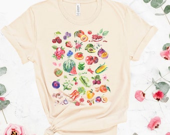 Fruit Veggie Cottage Core T-Shirt Vegetarian Shirt Garden Aesthetic Clothing Cottagecore Clothes Botanical Strawberry Print Organic Vegan