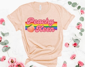 Peachy Keen Retro 70s Shirt, Peach Shirt, Vintage T Shirt, Fruit Graphic Tees, Womens Gifts, Music Festival Tee, Pastel Rainbow Shirt