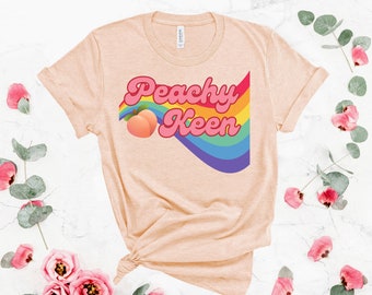 Peachy Keen Retro 70s Shirt, Peach Shirt, Vintage T Shirt, Fruit Graphic Tees, Womens Gifts, Music Festival Tee, Pastel Rainbow Shirt