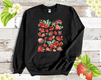 Pull à la fraise Sweat-shirt Unisexe Pull Végétarien Esthétique Vêtements Cottage Core Clothes Botanique Fraise Imprimé Jardinier Cadeau