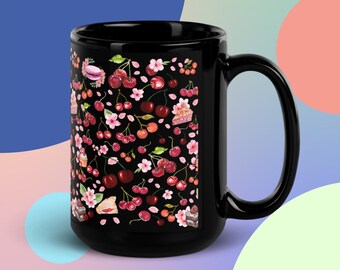 チェリープリント ブラック セラミックマグ 食器洗い機対応 電子レンジ対応 大型コーヒーカップ ガーデニングギフト 新築祝いギフト ヒュッゲ ティーカップ コーヒーマグ