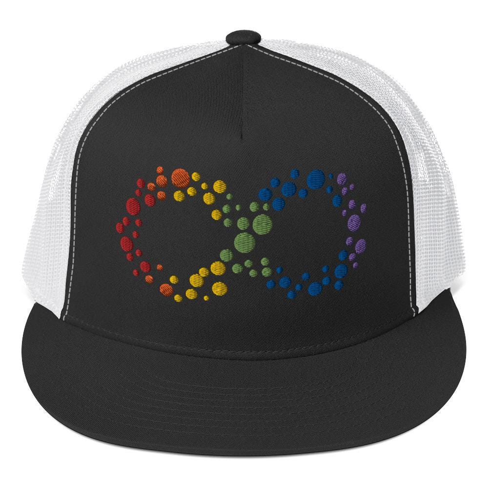 ASD Rainbow Embroidered Trucker Hat Adjustable Unisex Black and White Cap Autism AUDHD Neurodivergent Autism Teacher Gift Please Be Patient