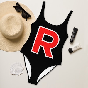 Anime One Piece Swimsuit Team Rocket Kawaii Bathing Suit Black Swimsuit with Red R Summer Beach Outfit Otaku Gift Waifu Anime Fan