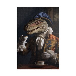May include: A jigsaw puzzle featuring a dinosaur in a historical costume, holding a teacup. The dinosaur wears a blue hat, a white ruffled collar, and a brown coat with gold accents. A second teacup sits on a table. The puzzle has a dark background.