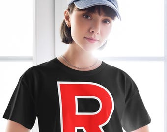 Team Rocket Crop Top Halloween Costume Shirt Comic Con Anime Cosplay White "R" Tee Cute T-Shirt Tee Shirt Kawaii Cosplay