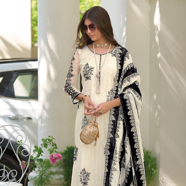 White Black Pakistani Indian Wedding Party Wear Designer Salwar Kameez Palazzo Suits Ready to Wear With Dupatta Dress Readymade for women's