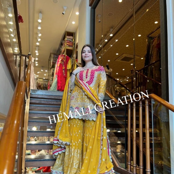 Mustard Embroidered Faux Georgette Sharara Kameez, Yellow color Sharara Suit For Women's And Girls, Haldi Party Wear Suit Top Sharara Suit,
