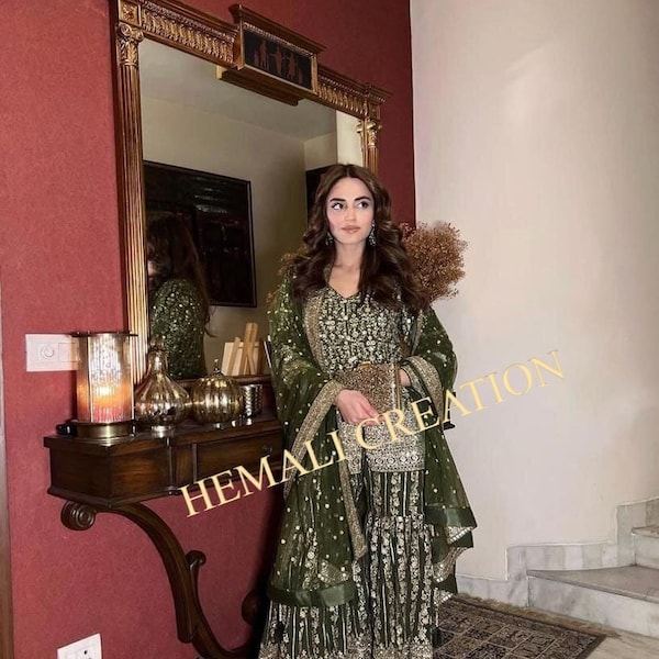 Indian Embroidered Sharara Garara Kurta Suit, Georgette Fabric, Pakistani Ethnic Wear 3 Pcs Suit For Women's, festival looked Muslim sharara