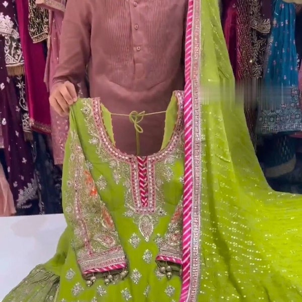 Indian Mehndi Outfit for Women Kurti Sharara & Dupatta Set, Women 3 pc Green Sharara Suit , Georgette Sequins Salwar Kameez Set, Pakistani