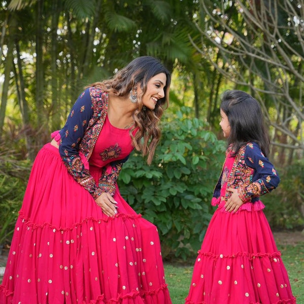 Mother Daughter Combo Koti Lehenga Set For women and Girls Pink Indian Dress for Children and Women ,Mother Daughter Combo Suits Readymade