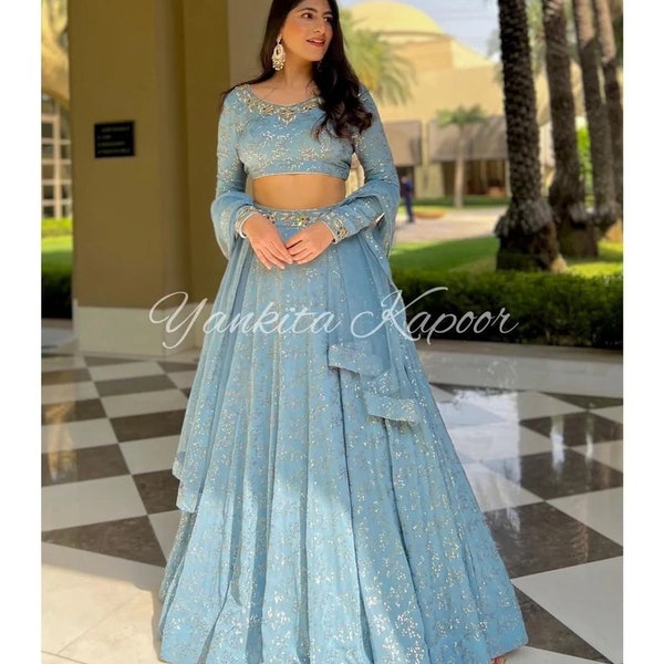 Sky blue Heavy Georgette Lehenga Choli With Heavy Embroidery Work,Soft Net Dupatta For Women,Lehenga choli,bridal lehenga,partywear lehenga