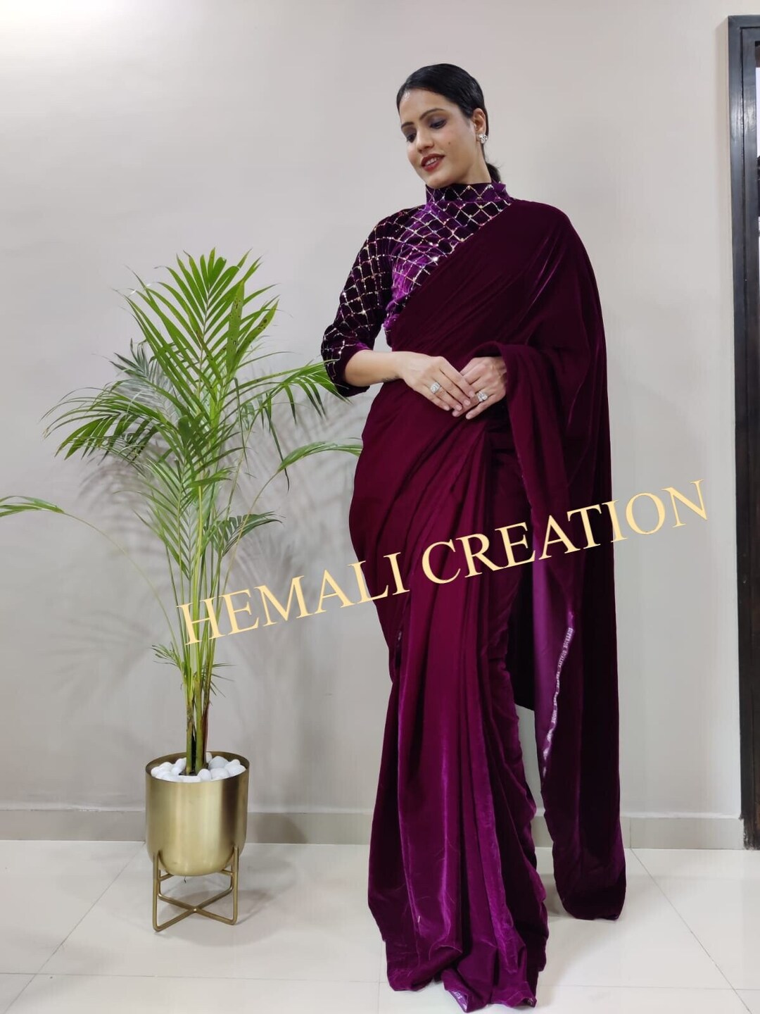Wine Color Velvet Saree 9000 Velvet Saree Embroidery Work Etsy