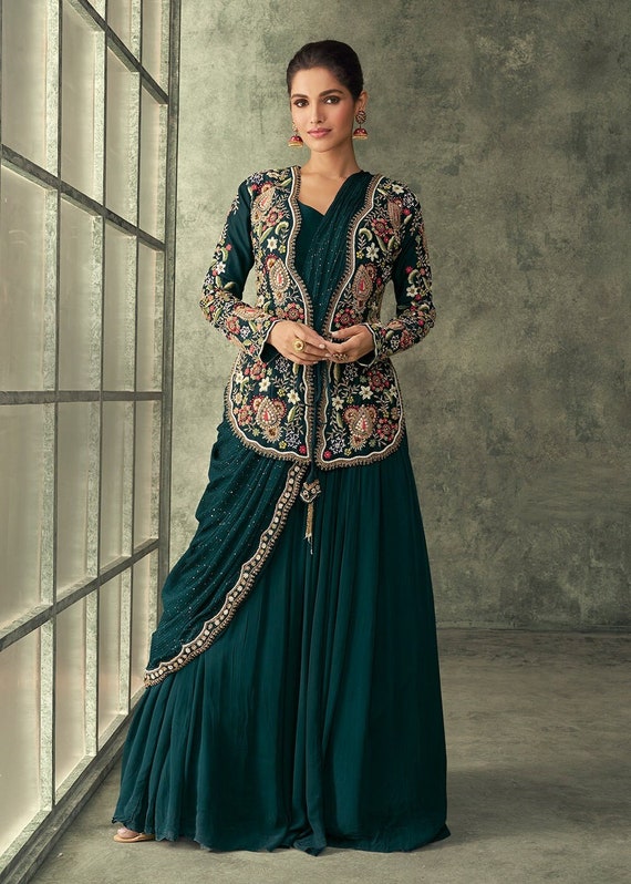 Buy Peacock Green Silk Embroidered Designer Gown With Jacket, Anarkali  Style Long Gown With Shrug and Draped Dupatta, Indo Western Gown Dupatta  Online in India - Etsy