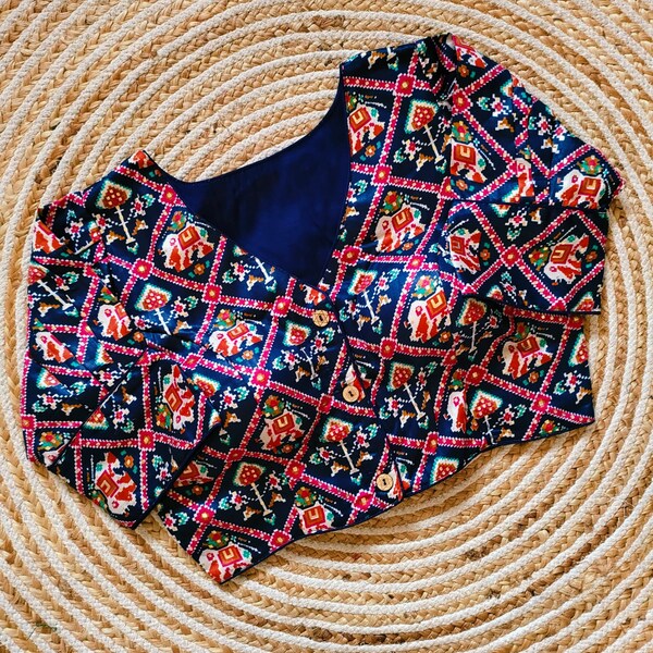 Navy blue color Patola print cotton blouse/Patola Print Cotton Readymade Saree Blouse/ Patola designer saree Blouse/ Navratri Lehenga Choli