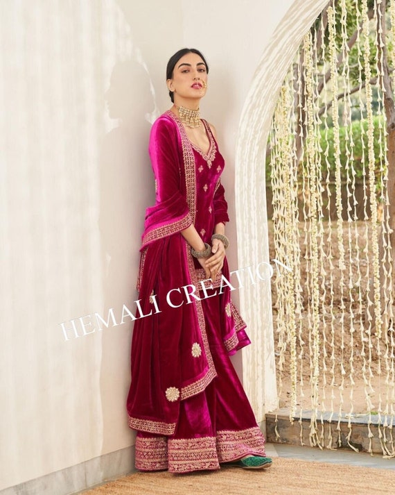 Velvet Designer Palazzo Salwar Kameez In Purple | Simple Suit With Contrast  Dupatta | 3d-mon.com