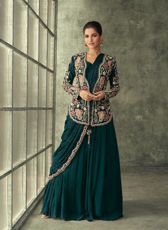 Jacket Style Green Cotton Thread Embroidered Traditional Gown – tapee.in