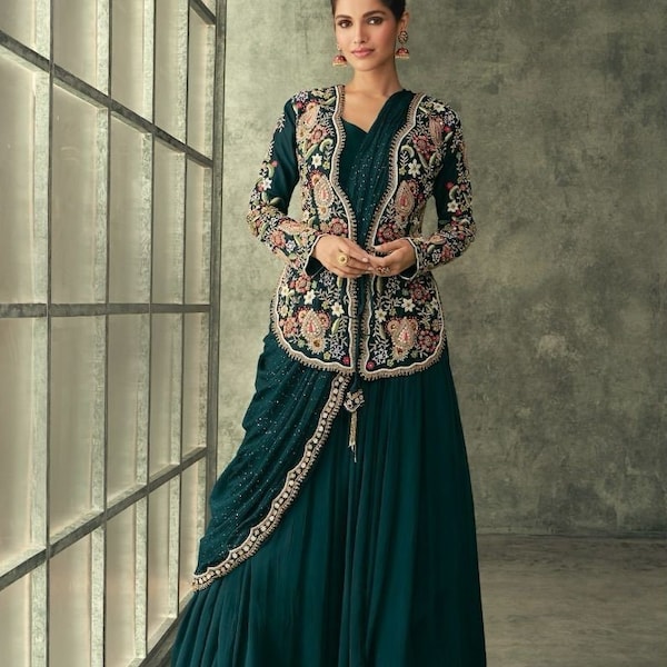 Robe de créateur brodée en soie de qualité supérieure avec veste, robe longue de style anarkali avec haussement d'épaules et dupatta drapé, robe indo-occidentale dupatta