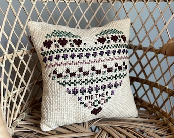 Vintage Mini Crochet Embroidered Needlepoint Pillow with "Mother" with Heart Design