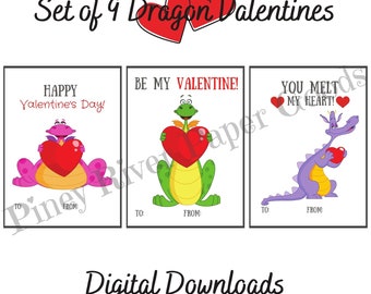 Printable Dragon Valentines for Kids, Classroom Valentine Parties, and Family Valentines, Valentine Gift Tag, Instant Download PDF
