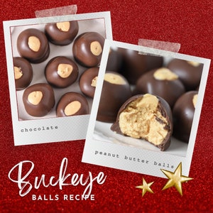 May include: A close-up of two photos showing chocolate peanut butter balls. The first photo shows chocolate peanut butter balls with a chocolate coating. The second photo shows chocolate peanut butter balls with a peanut butter center. The text "Buckeye Balls Recipe" is below the photos.