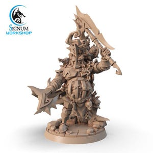May include: A detailed miniature figurine of a goblin warrior, painted in a brown color scheme. The goblin is holding a large axe and is wearing armor and a helmet. The figurine is standing on a circular base.