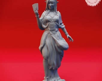 May include: A gray 3D printed figurine of a female elf with pointed ears, holding a card in her right hand. She is wearing a long flowing robe with a belt and a pouch. The figurine is standing on a base.