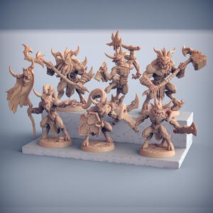 May include: A collection of beige fantasy miniatures, each depicting a horned humanoid figure in various action poses. Some figures hold weapons like axes and hammers, while others have shields. The figures are on a tiered platform.