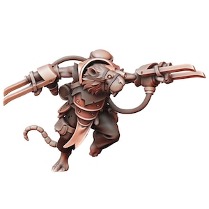 May include: A brown and grey rat-like creature wearing armour and wielding a pair of mechanical blades. The creature is in a running pose, with its tail curled up behind it.