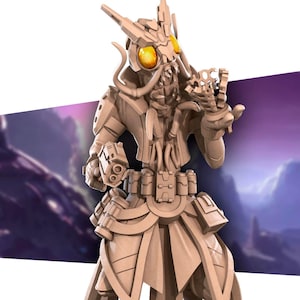 May include: A detailed 3D printed miniature of a humanoid figure with a bug-like head, wearing a long robe and holding a gun. The figure has a textured surface and is painted in a light brown color.