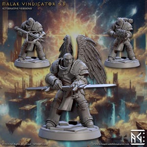 May include: A gray plastic miniature figure of a winged warrior holding a sword. The figure is standing on a circular base. The figure is part of a set of alternative versions of the Malak Vindicator.